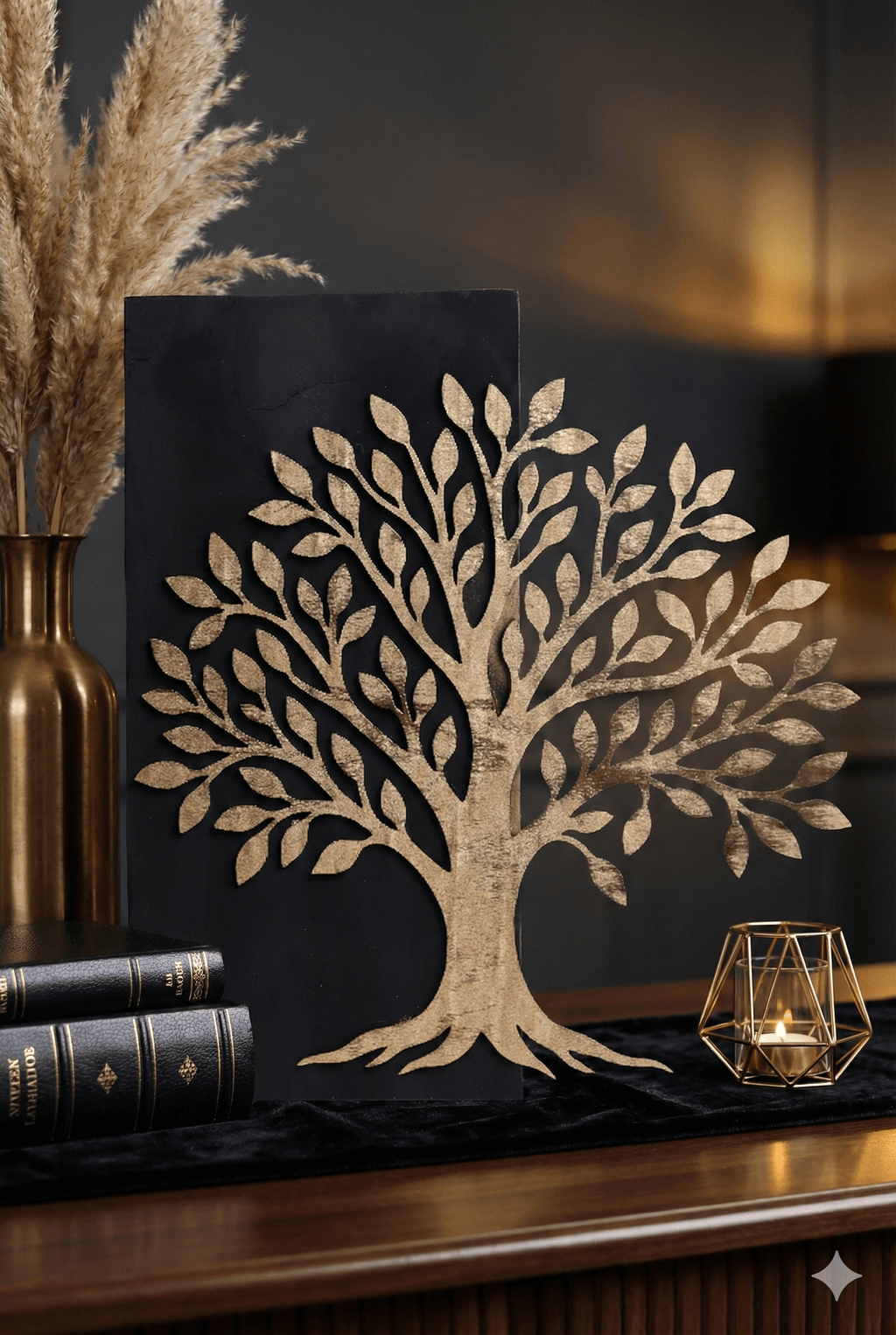 Cadre Arbre de Vie – Bois Doré sur Fond Noir