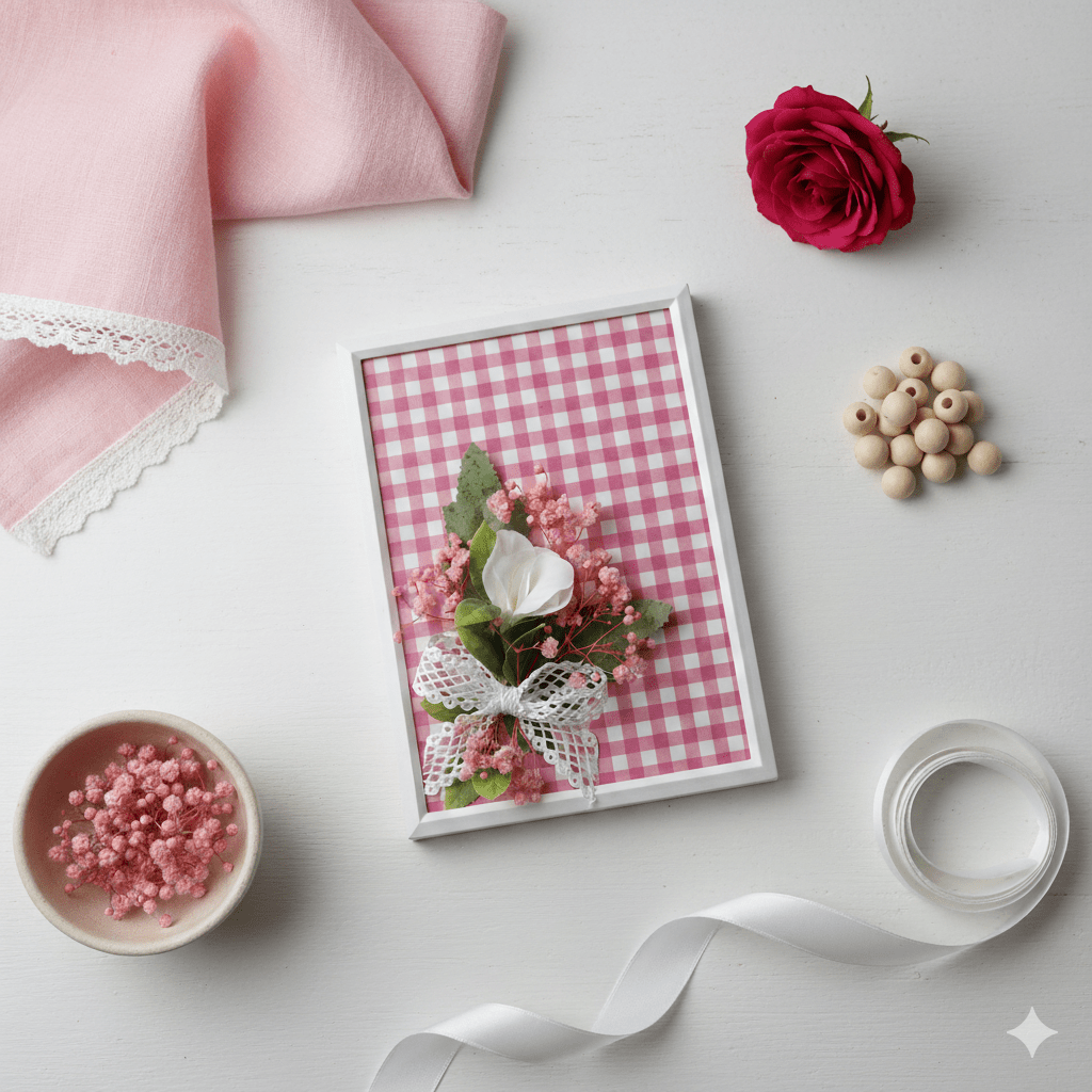 Cadre Décoratif Fleuri – Rose Tendre Vichy