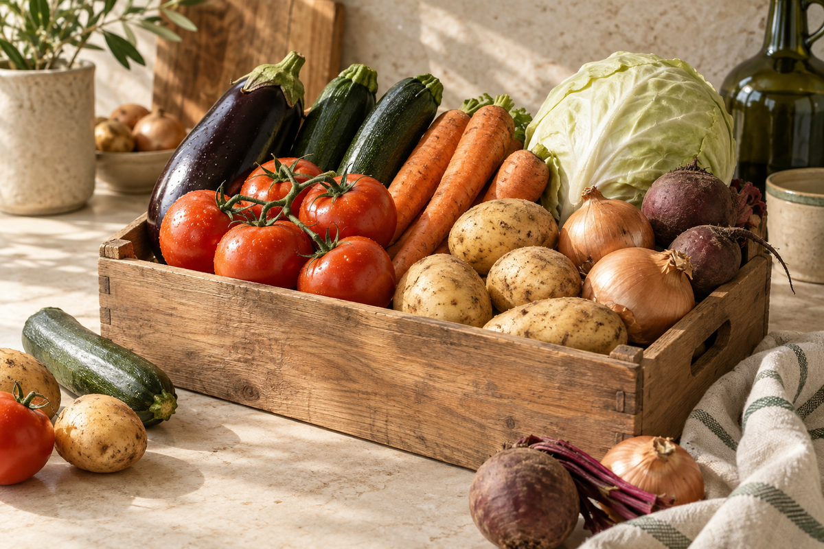 Sélection de légumes frais dans une cagette, illustration Amaaino